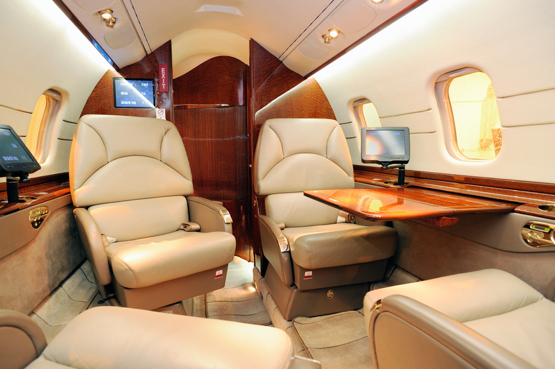 Inside the cabin of a luxury private jet at Aircraft Interiors Expo.