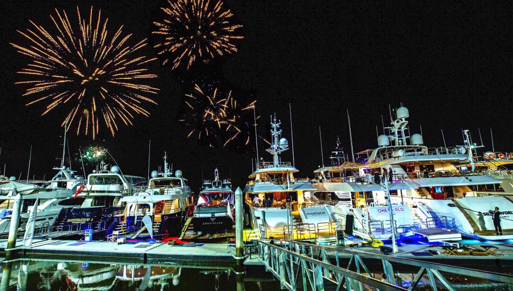 Fireworks at nights over yachts at the Australian Superyacht Rendezvous.