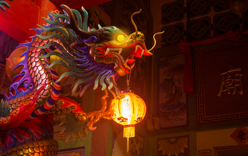 Dragon and lantern at Chinese New Year celebration.