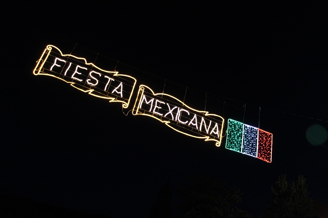 Lights forming the Mexican Flag and the words Fiesta Mexicano on Cinco de Mayo.