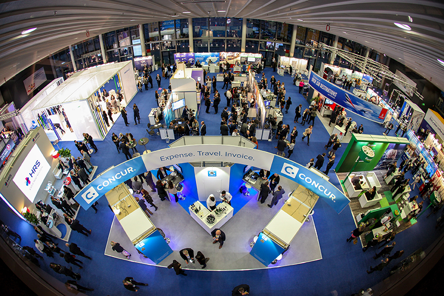 Fisheye skyview of attendees and kiosks at the GBTA Europe Conference.