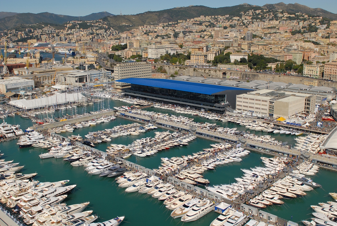Yachts and boats docked at the Genoa International Boat Show.