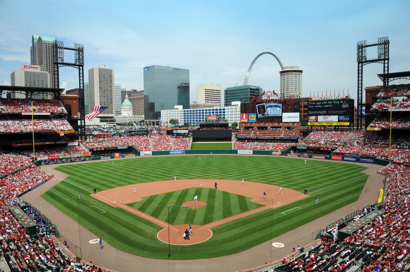 St Louis baseball stadium, fans, and teams during the MLB All-Star Game.