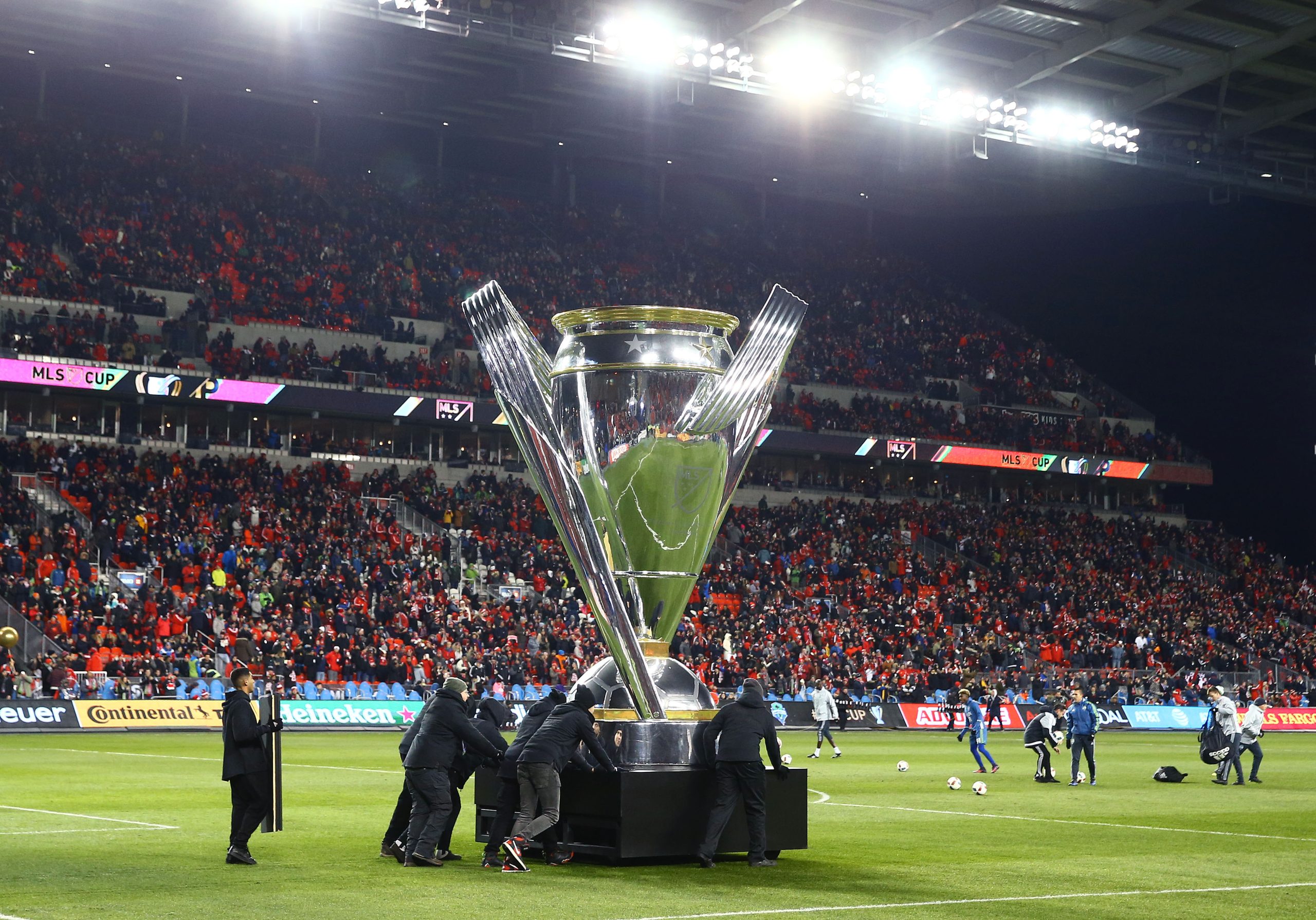 Large version of the MLS Cup on the field prior to the Major League Soccer Championship game.