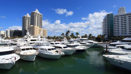 Yachts docked in the harbor at Miami International Boat Show.