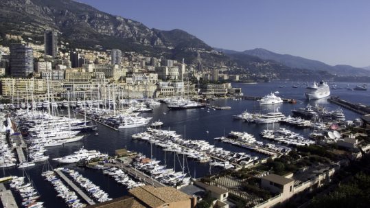 Luxury yachts and superyachts docked at the Monaco Yacht Show.