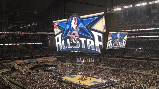 Giant scoreboard above the basketball court and fans at the NBA All-Star-Game