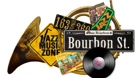 Bourbon Street sign on top of French horn and a record for New Orleans Jazz Fest & Heritage Festival.