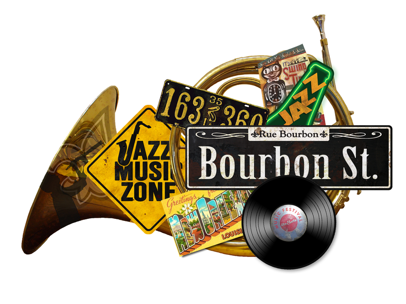 Bourbon Street sign on top of French horn and a record for New Orleans Jazz Fest & Heritage Festival.