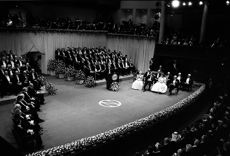Black & white photo of an early Nobel Prize Award Ceremony.
