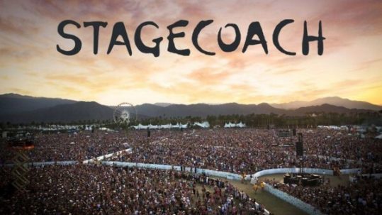 Stagecoach written in the sunset clouds above the Stagecoach Festival.