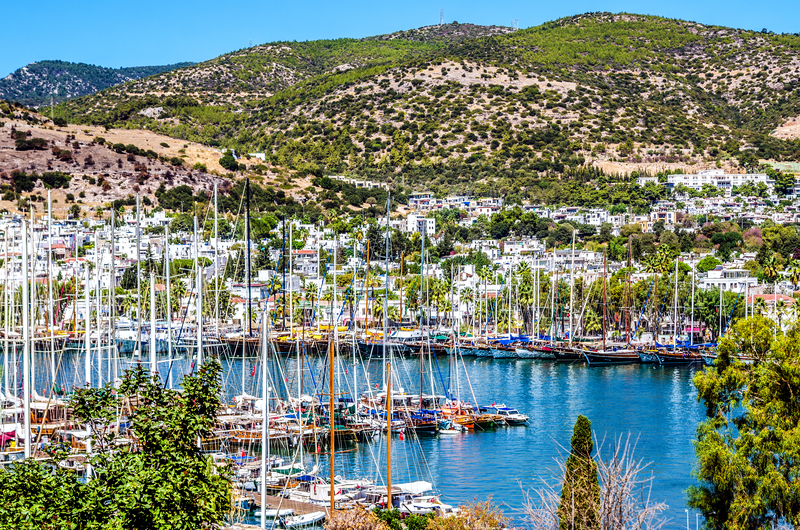 Yachts docked in the harbor at Fethiye, Turkey during TYBA Yacht Charter Show.