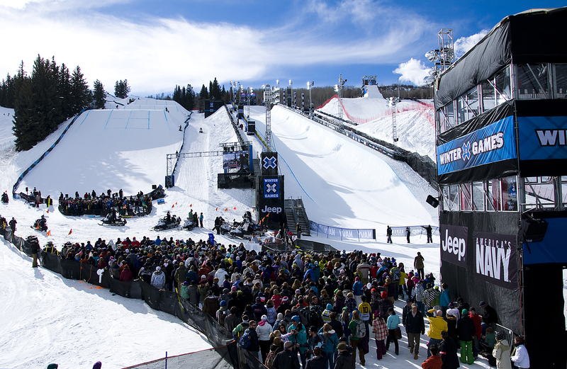 Ski slopes and attendees at the Winter X Games.