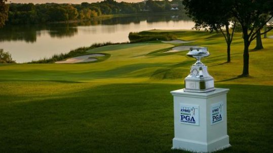 Trophy overlooking the golf course at the Women's PGA Championship.