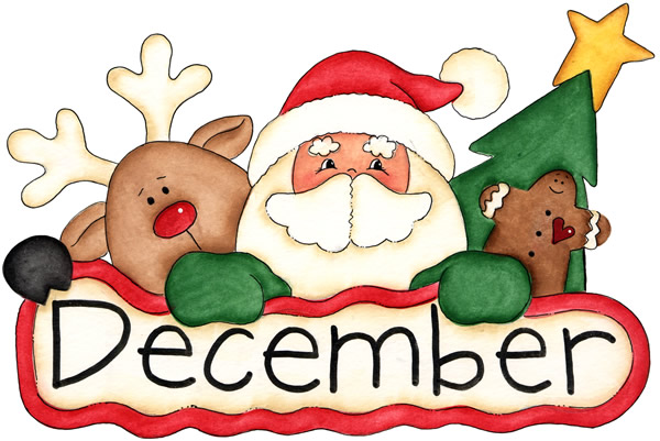 Santa Claus, a reindeer, and a Christmas tree representing December Events.