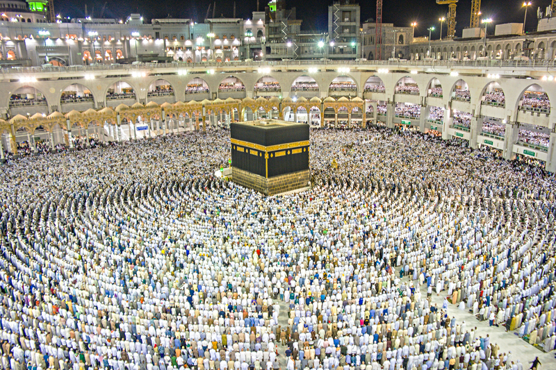 Thousands of Muslims worshipping at the Great Mosque of Mecca during Hajj.