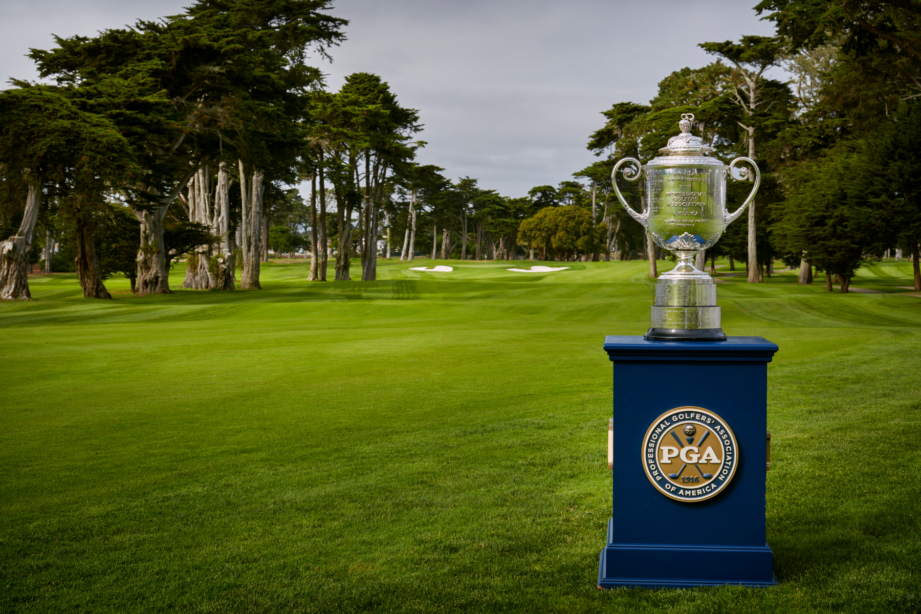 PGA Championship trophy on a beautiful green golf fairway.