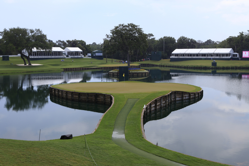 Iconic island green surrounded by the pond at TPC Sawgrass during The Players Championship.