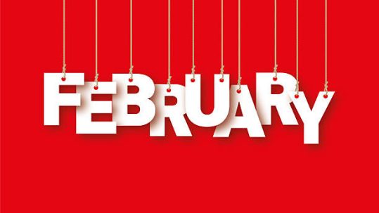White letters spelling out February hanging from strings on a red background for February events.