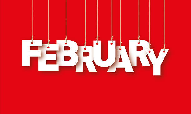 White letters spelling out February hanging from strings on a red background for February events.