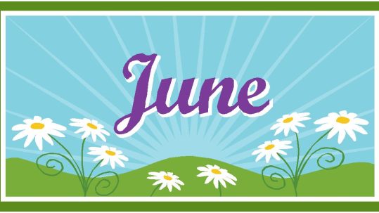 June written in purple on a blue sky with grass and flowers underneath for June Events.