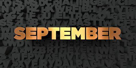 September in gold letters on a black background that has faint dark letters for September Events.