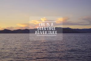 View of rocky coast from the ocean at sunset with inspirational quote - 'Life is a beautiful adventure'