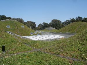 Green grass hills that are actually the roof of the California Academy of Sciences