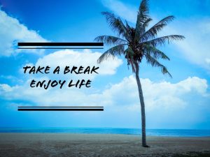 'Take a break enjoy life' quote on a beautiful beach background with a single palm tree and an ocean horizon.
