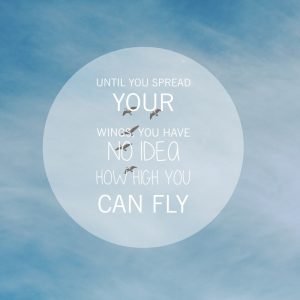 Motivational phrase about spreading your wings written on the blue sky with five birds soaring high.