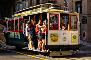 People riding on a cable car during a San Francisco vacation.