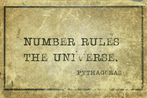 Ancient Greek philosopher Pythagoras inspirational quote about numbers printed on grunge vintage cardboard.