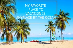 Tropical beach with palm trees, paddle boats, blue ocean background with a travel expression about an amazing holiday trip.