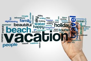 Amazing holiday trip word cloud concept on grey background for travel motivation.